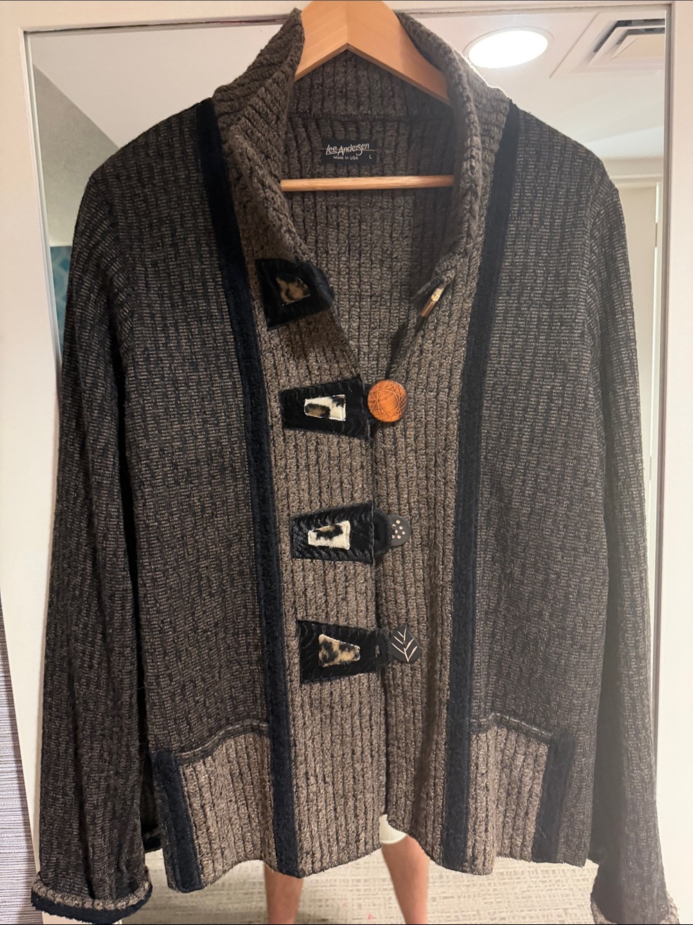 Lee Anderson Brown Shawl-Collar Toggle Cardigan with Black Trim